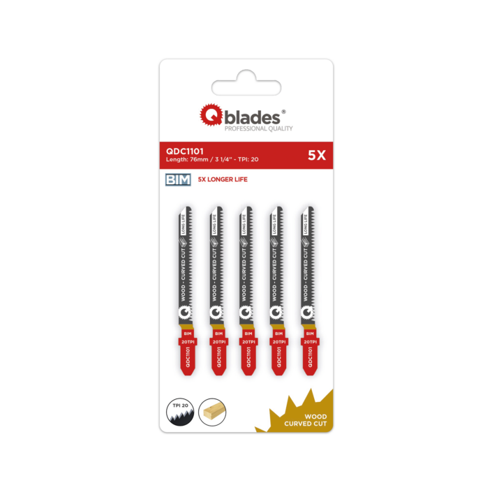 5x Decoupeerzaagblad Hout, Constructiehout, BIM, Curved Cut, 20tpi - 76mm