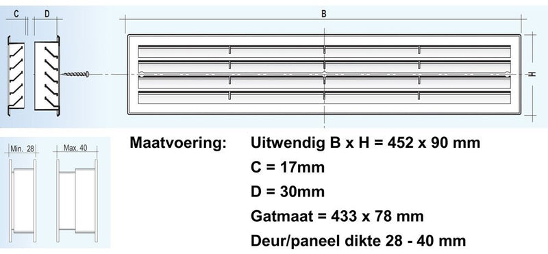 Deurrooster dubbelzijdig 452x90mm